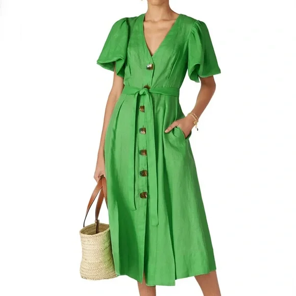 Nicholas Troy Linen Midi Dress, 4 / Green